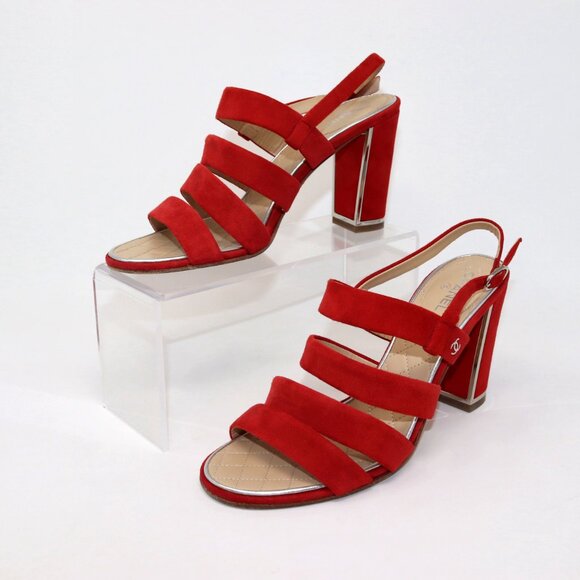 CHANEL 38 Red Suede Multi Strap CC Sandal High Heel Silver Logo & Trim - Picture 7 of 15